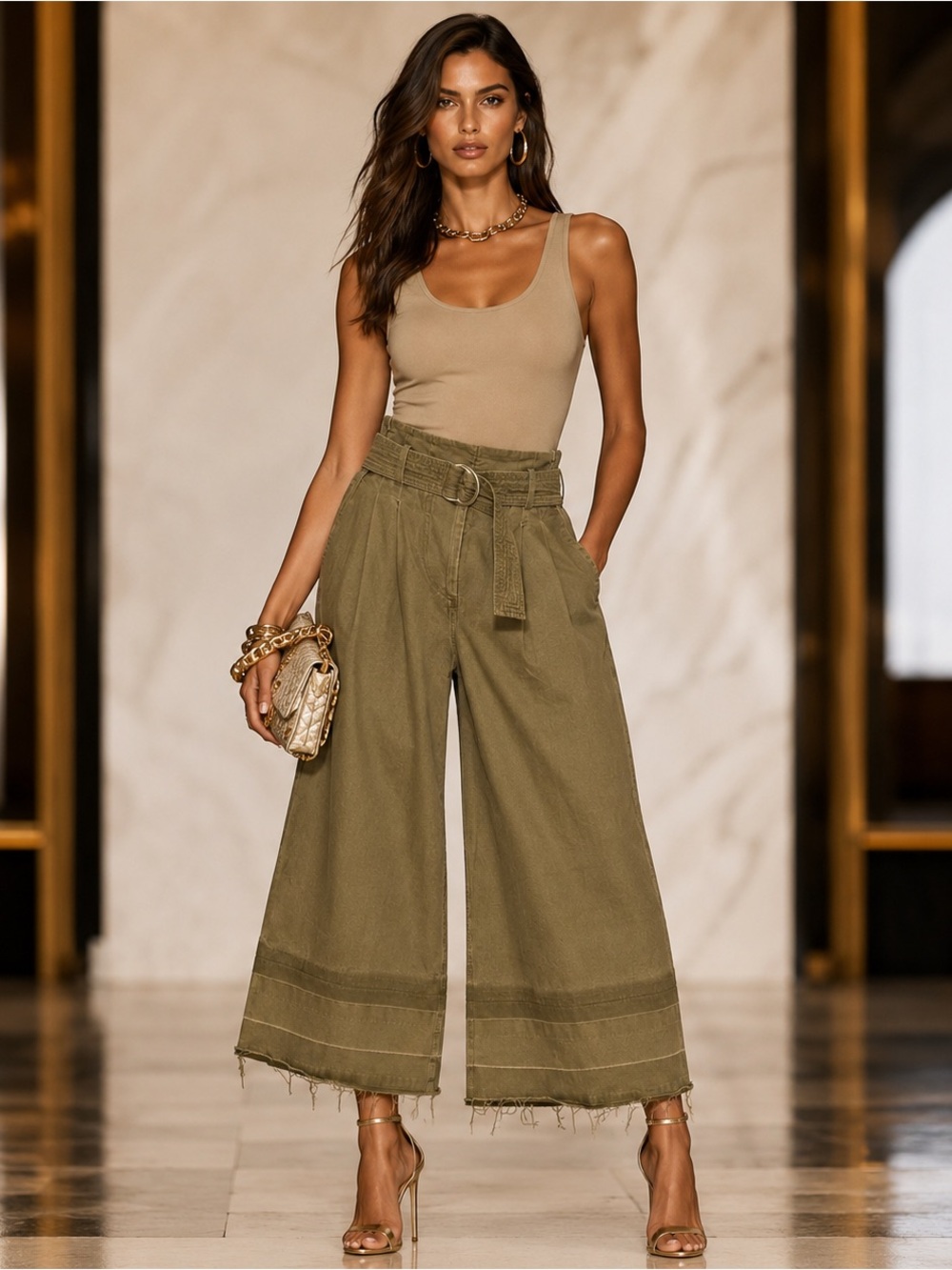 ADAM LIPPES, Designer Olive Pleated Cropped, Wide Leg Pants, Size 2